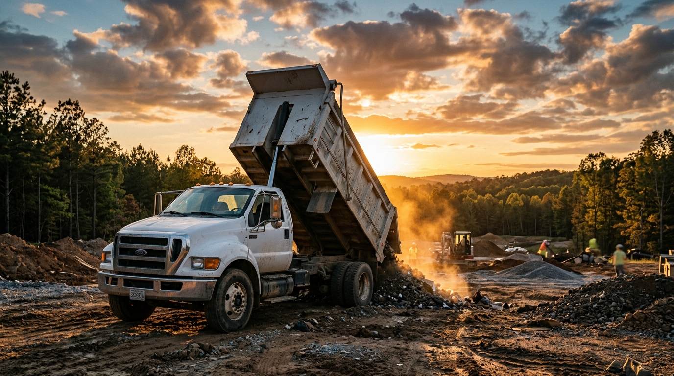 Dump truck hauling debris at golden hour in Georgia